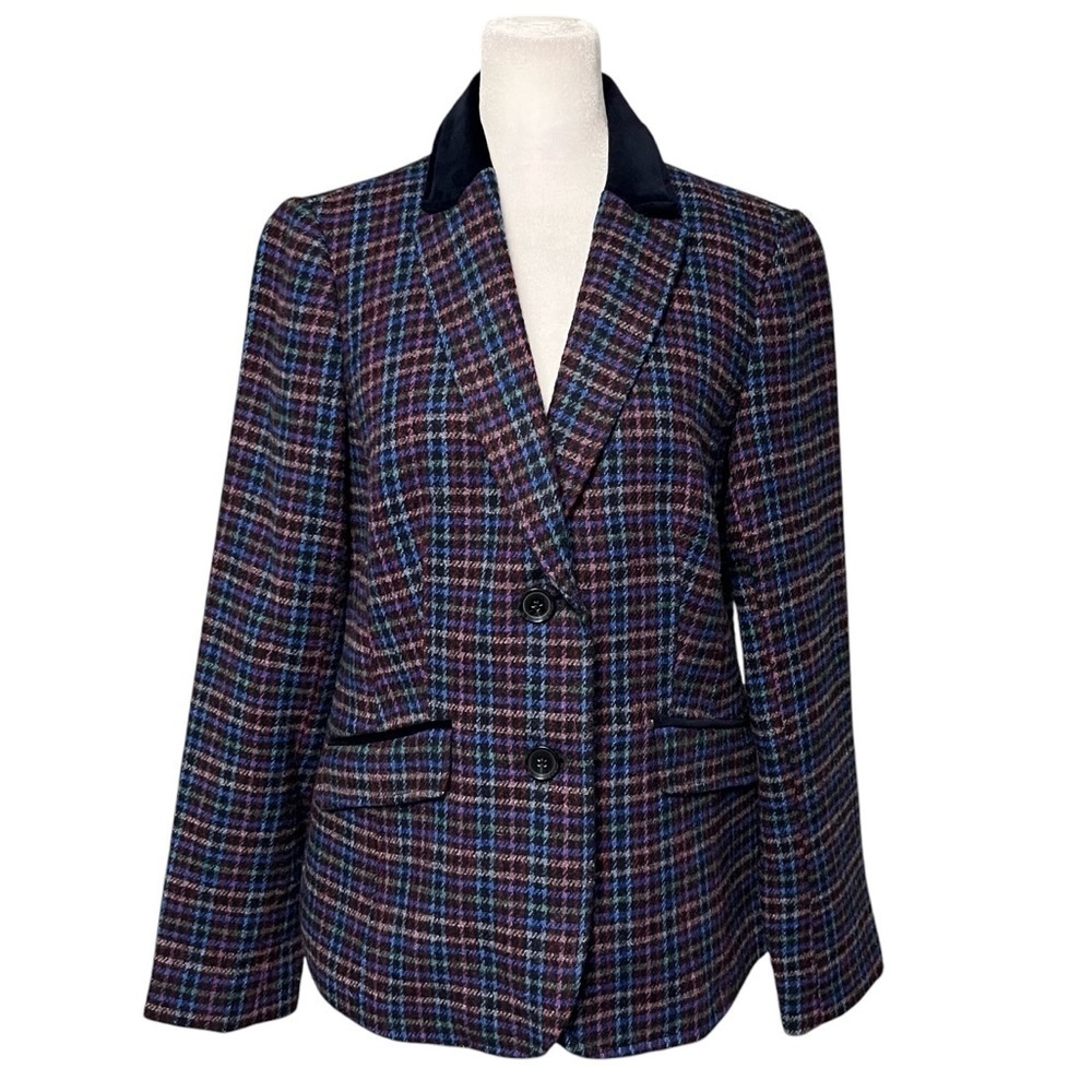 Talbots Blue Plaid Velvet Collar Shetland Wool Blazer Size 6 - Picture 6 of 10